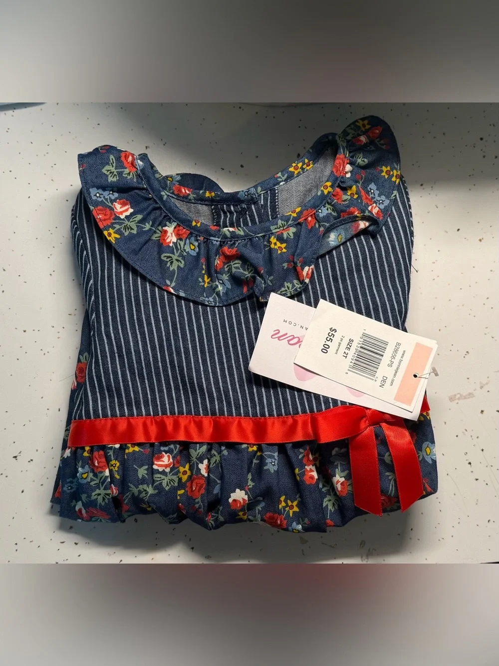 Toddler Girls’ Bonnie Jean Navy Floral Dress with Red Bow - NWT - Size: 2T